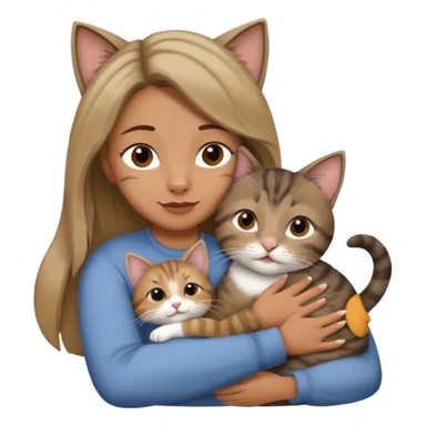 Une femme avec les cheveux dégradée, brun et blond, qui fait un câlin à son chat gris, tigré avec les extrémités que pattes pointe d’oreilles noires et le dessous du menton blanc  sticker