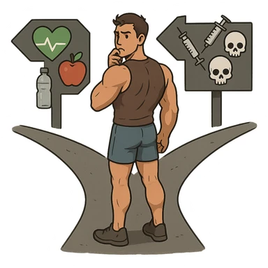 muscular young man standing at a crossroads with one road showing health symbols and the other showing risk symbols like syringes and skulls, indecisive expression, isolated on white background sticker