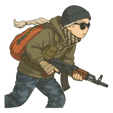 1 female, long white braid, knit cap, dark sunglasses, shemegh neckwrap, fishing vest, vibrant shool backpack, drab hoodie, handwraps, blue camo pants, AKS-74U, hunched over, on the move sticker