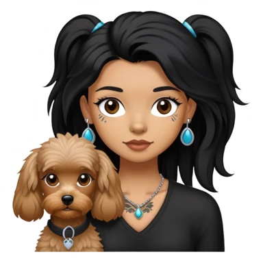 girl with long black  straight hair and tattoos and a  white Yorkshire and a brown poodle sticker