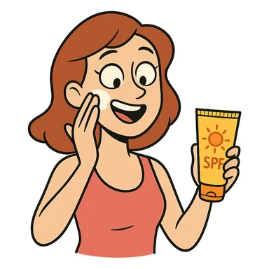illustration of a woman smiling as she applies sunscreen to her cheek with one hand, holding a sunscreen tube in the other, bright and cheerful, no background sticker