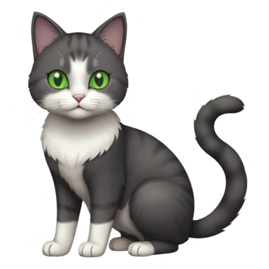 full body view of beautiful female solid dark grey cat with green eyes, white toes/paws and white patch on her chest sticker