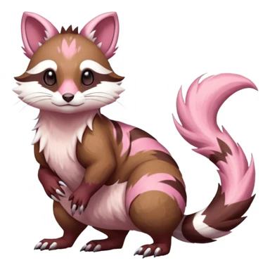 Rare realistic brown-scaled pink, white beige edgy badass epic pretty beautiful handsome gorgeous aesthetic colorful vibrant Vernid-Furret-Linoone-Amaura-species-Fakemon-creature by LiLaiRa, random markings, (full body) sticker