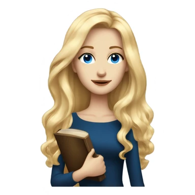 Beautiful skinny woman long blonde hair in dark dress with blue eyes gold earrings with book  sticker