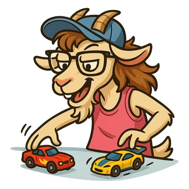 goat for Telegram stickers inspired by reference https://attic.sh/feoducyurkpqwz0la088soao98sx: wearing a cap, glasses, mullet hairstyle, pink drunkard tank top, playing with hot wheels cars sticker