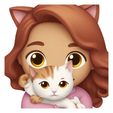 girl with long very dark red purpley wavy hair and dark brown eyes and light pink outfit hugging a white & ginger cat  sticker