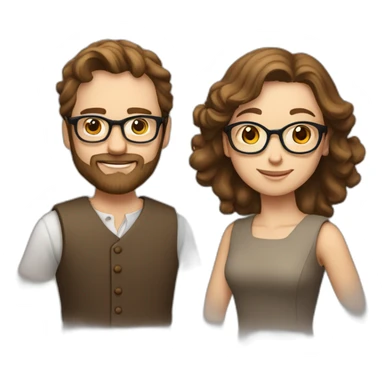 A settled man with brown hair and glasses and a beard and a straight haired Sibyl in a classic dress sticker