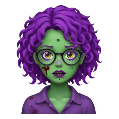 Crie uma garota zumbi com cabelo cacheado roxo, óculos preto e sardas com a pele verde  sticker