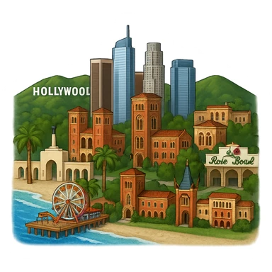 Adjust the Los Angeles emoji so that the Los Angeles Memorial Coliseum arches, Royce Hall at UCLA, Bovard Administration Building at USC, and the Rose Bowl Stadium with its neon sign are positioned more inland, away from the beach. Keep the Santa Monica Pier and beach at the coast, and maintain the iconic downtown LA skyline, Chinese Theater, and Hollywood Sign. Preserve lifelike architectural detail, accurate colors, bright daytime lighting, and a fully transparent background with no sky, no clouds, and no city name label. Do not change any other aspect of the image. Maintain the style and look of the original emoji image. sticker