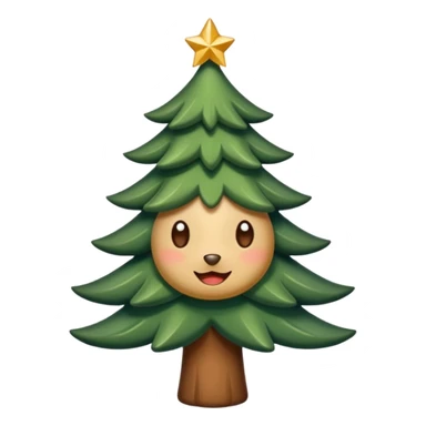 Un emoji représentant un petit sapin stylisé, sans bouche, avec deux grands yeux de biche brillants couleur cannelle. Style minimaliste, mignon et expressif, comme un sticker ou un emoji moderne. Fond parfaitement transparent, haute qualité, bien centré. sticker