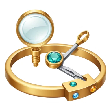 Jewelry art icon, detailed close-up of a ring or necklace being crafted, visible tools like pliers, magnifying glass, workbench with gemstones and wire, minimalistic style, clean lines, transparent background. sticker