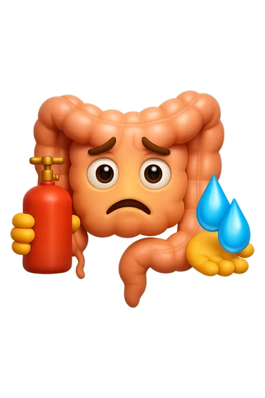 EMOJI STILE IPHONE DI un'intestino preoccupato che ha una bombola di gas in mano e due gocce di acqua in 3d nell'altra mano, IPERREALISTICO 4K sticker