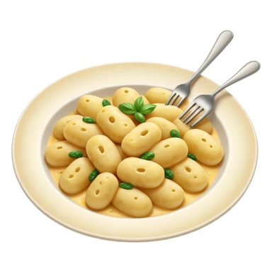 Gnocchi Cinematic Realistic Gnocchi Dish Emoji, depicted as tender oblong potato gnocchi garnished with iconic fork marks on top, rendered with soft textures and warm, inviting lighting. sticker