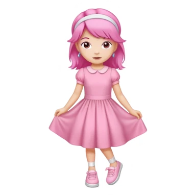 A girl wear a a pink pink dress and pink wacth and a pink hairband and a white shoes sticker