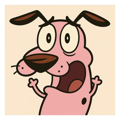 Courage the Cowardly Dog emoji, surprised expression, pink fur, floppy ears, flat toon cartoon style sticker