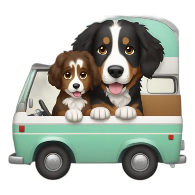 bernese mountain dog driving a camper with a brown hair girl sticker
