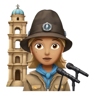 Icon for Documentary Film: A TV-style design with a traveler speaking in front of ancient ruins. Include details like a microphone, the traveler in casual explorer attire, and the ruins in the background. Capture the atmosphere of an informative journey through history. Transparent background. sticker