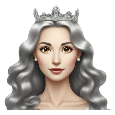 Regal pretty slender middle age woman photograph defined cheekbones high cheekbones crown vintage with very long iridescent black and silver hair wavy long hair pearl crown iridescent sticker