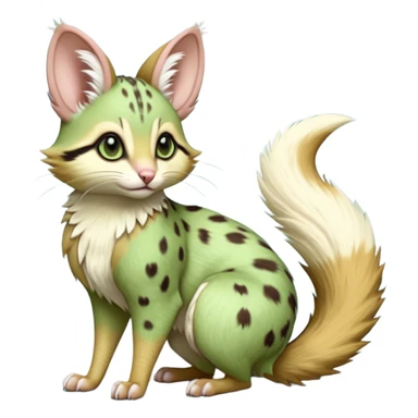 Light-green, soft realistic romantic vintage antique divine beautiful elegant pretty precious cute young youthful  Fakémon-Pokémon-opossum-feline-mouse-serval-caracal-chinchilla-Minccino-Cinccino-Meowstic-rodent-hybrid-creature with a big fluffy bushy tail (full body) sticker