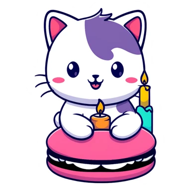 kitten riding giant macaron with candles sticker