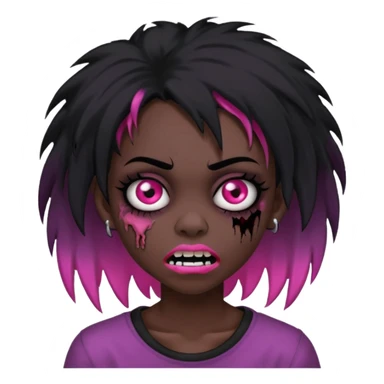 girl, zombie, black coily hair, medium long, emo, shaggy, dark, spooky, piercing on eyebrow, pink teeth, creepy blank expression sticker