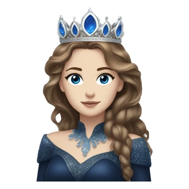 Feyre has brown hair with bright blue eyes and a silver crown on top of her head. She wears a dark blue glitter dress  sticker