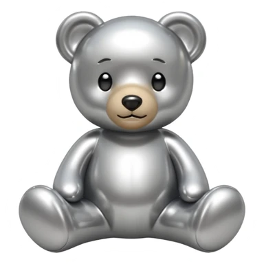 A cute teddy bear emoji made of liquid silver chrome, smooth rounded body, glossy metallic surface, soft reflections, friendly proportions, iOS emoji style, centered, clean white background sticker
