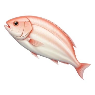 single raw white fish fillet, soft curved shape, smooth slightly translucent flesh, pale ivory to light pinkish color, fine muscle lines, cleanly trimmed edges, moist fresh appearance, no skin, no bones, no garnish, soft lighting, subtle shadows, emoji scale sticker