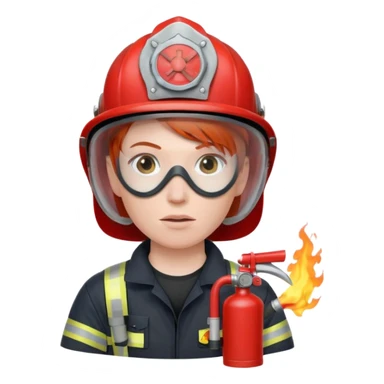 red haired Firefighter with respiratory protection with fire extinguisher sticker