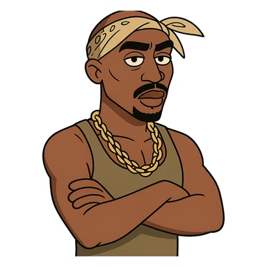 Tupac with arms crossed, stylized cartoon, bandana, gold chain, bold lines sticker