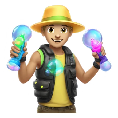 Caucasian boy at rave wearing a glowing outfit and hat with bubble guns in each hand with bubbles all around sticker