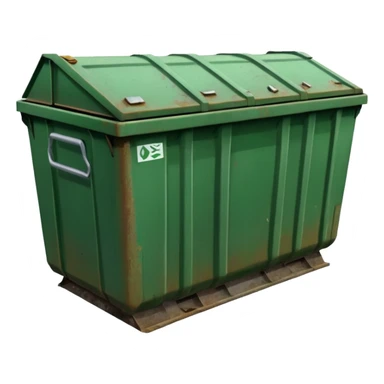 a green closed dumpster, No trash, BOTH THE LIDS CLOSED sticker