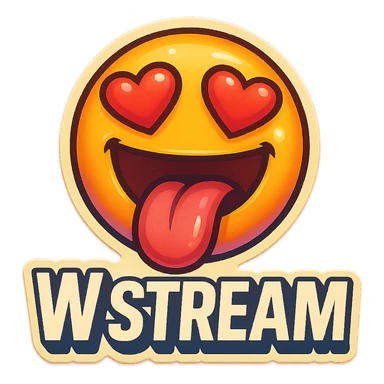 mouth open with tongue out heart shaped eye add the words “ W Stream " in White sticker