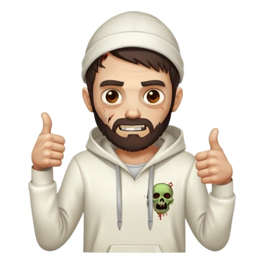zombie with thumbs up gesture wearing plain white hoodie with no designs, dark brown hair and short full beard sticker