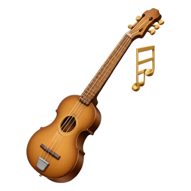 Create an elegant and traditional emoji representing a domra. The design should feature the round, wooden body of the domra with its distinct 3 strings. Include delicate details like the tuning pegs, the fingerboard, and the bridge. The wood of the domra should have a rich, warm tone, and the strings should be subtly highlighted to show their importance. Add a small musical note or two floating around to evoke the folk music it is used for. Use earthy tones like brown and gold to emphasize its classic, rustic feel. The background should be transparent. sticker