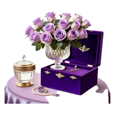 A romantic still life featuring a bouquet of freshly bloomed light violet Ascott tea roses arranged in a crystal vase, accompanied by a deep purple velvet jewelry box partially opened, revealing a pearl necklace inside. A gentle lavender butterfly flutters near the flowers, adding a dreamy touch. An elegant ivory silk ribbon is loosely draped around the arrangement, leading towards an ornate vintage-style perfume flacon in soft pearlescent tones, radiating an air of timeless sophistication sticker
