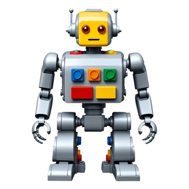A big photorealistic icon featuring a detailed robot figure built from LEGO bricks, with intricate parts and colorful pieces. The design includes the LEGO logo subtly visible, with a focus on the craftsmanship and creativity of the build. Transparent background. sticker