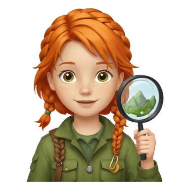 braid orange haired girl kid in moss green explorer outfit, holding magnifying glass, smile sticker