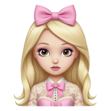 pretty, blonse long hair, pale skin, eyeliner, pink bow, lace clothes, bratz baddie sticker