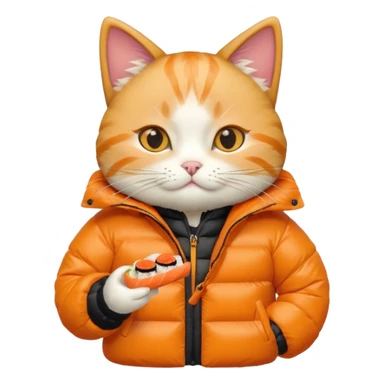 cat wearing a puffy jacket and eating sushi sticker