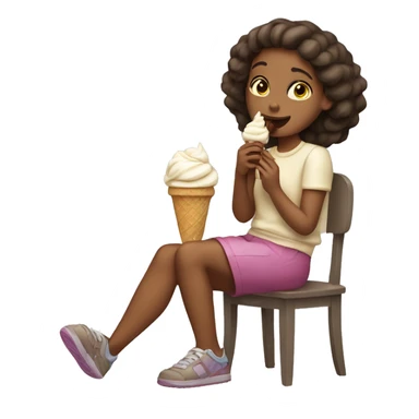 girl eating ice cream while it gets around her mouth looking up while she’s seated with her other hand in front of her legs sticker