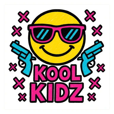 emoji with the text 'KOOL KIDZ' in pink and white, surrounded by decorative crosses and guns, bold and edgy style sticker