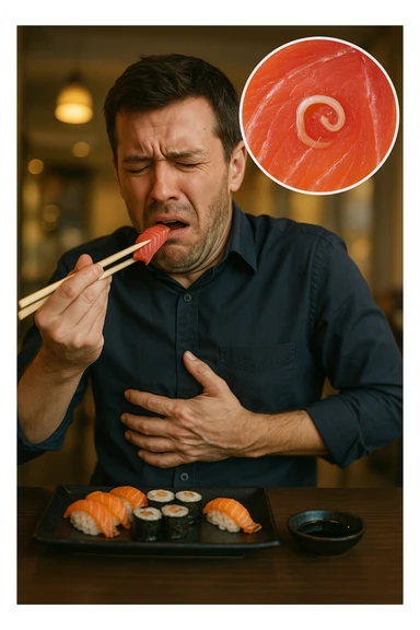 a man sits at a restaurant table, eating a plate of raw fish (such as sushi or sashimi). In a magnified inset, an Anisakis larva is visible inside a piece of fish. The man’s expression changes from enjoyment to sudden discomfort, holding his stomach with a pained look. The background is softly blurred, focusing on the man and the food. in italiano sticker