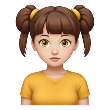 beautiful girl with brown hair with up twin buns style only, straight bangs, yellow eyes, milk brown tshirt, white skin, her body is a little fat  sticker