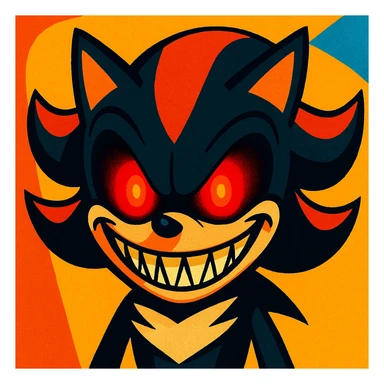 Shadow from Sonic, horror cartoon style, only the face, glowing red eyes, sinister grin, bright and vivid background, not dark sticker