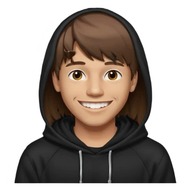 20 yr old man, brown hair, straight, big smile, white teeth, tanned skin, bangs, black hooded sweatshirt, long hair in back, middle parted bangs sticker