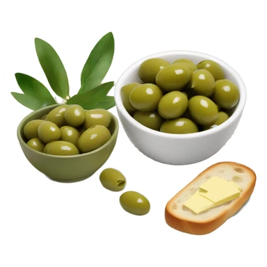 bowl of green olives beside a baguette with butter   sticker