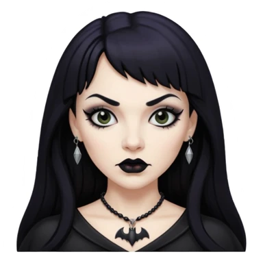 vampira mulher branca com cabelo preto longo com franja na testa, sobrancelha grossa e lábios com batom preto com colar preto e pingente de morcego preto sticker