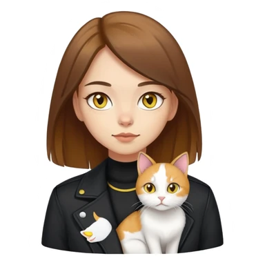 Light-skinned girl with brown straight hair wearing a black jacket, with a white cat with yellow eyes and a calico cat sticker