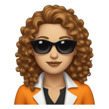 a curly brown hair white woman with black sunglasses and a orange trucksuit  sticker